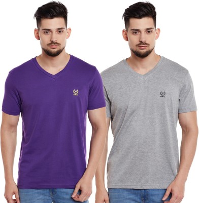 VIMAL JONNEY Solid Men V Neck Purple, Grey T-Shirt