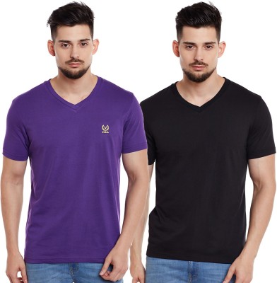 VIMAL JONNEY Solid Men V Neck Purple, Black T-Shirt