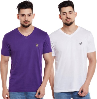 VIMAL JONNEY Solid Men V Neck Purple, White T-Shirt