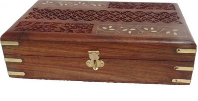

WoodCart H@ndmade Wooden Jewellery Box for Women Jewel Organizer Hand Carved with Rectangle-Jali-Carved Design - 10 Inches Makeup, Jewellery & other Utility Vanity Box(Brown)