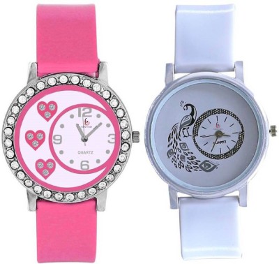 Freny Exim Glory Combo Of 2 Pink Diamond Studded Heart And Designer White Peacock Watch  - For Girls   Watches  (Freny Exim)
