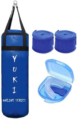 

YUKI Online Series 1.5 Feet Long, PU Material, Blue Color, Unfilled with Hanging Straps, 9 Feet Long Blue Color Hand Wraps Pair & Mouth Guard Boxing Kit