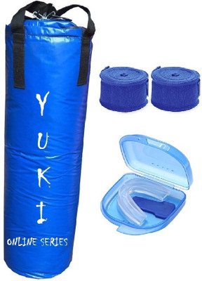 

YUKI Online Series 1.5 Feet Long, Synthetic Leather Material, Blue Color, Unfilled with Hanging Straps, 9 Feet Long Blue Color Hand Wraps Pair & Mouth Guard Boxing Kit