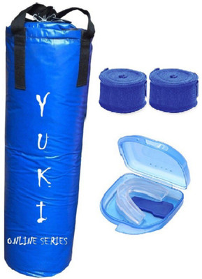 

YUKI Online Series 4.0 Feet Long, Synthetic Leather Material, Blue Color, Unfilled with Hanging Straps, 9 Feet Long Blue Color Hand Wraps Pair & Mouth Guard Boxing Kit