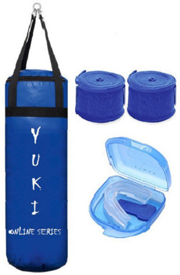 

YUKI Online Series 4.5 Feet Long, PU Material, Blue Color, Unfilled with Hanging Straps, 9 Feet Long Blue Color Hand Wraps Pair & Mouth Guard Boxing Kit