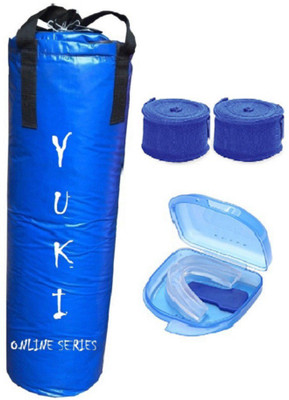 

YUKI Online Series 5.0 Feet Long, Synthetic Leather Material, Blue Color, Unfilled with Hanging Straps, 9 Feet Long Blue Color Hand Wraps Pair & Mouth Guard Boxing Kit
