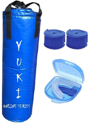 

YUKI Online Series 2.0 Feet Long, Synthetic Leather Material, Blue Color, Unfilled with Hanging Straps, 9 Feet Long Blue Color Hand Wraps Pair & Mouth Guard Boxing Kit