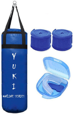 

YUKI Online Series 2.5 Feet Long, PU Material, Blue Color, Unfilled with Hanging Straps, 9 Feet Long Blue Color Hand Wraps Pair & Mouth Guard Boxing Kit