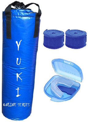 

YUKI Online Series 3.0 Feet Long, Synthetic Leather Material, Blue Color, Unfilled with Hanging Straps, 9 Feet Long Blue Color Hand Wraps Pair & Mouth Guard Boxing Kit