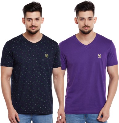VIMAL JONNEY Conversational, Solid Men V Neck Purple, Blue T-Shirt