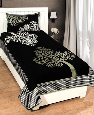 akr CREATION 190 TC Velvet Single Printed Flat Bedsheet(Pack of 1, Black)