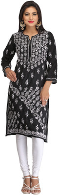 ADA Women Chikan Embroidery, Embroidered Straight Kurta(White, Black)