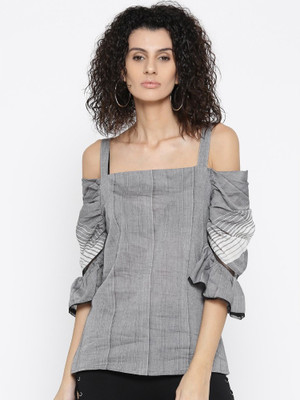Style Quotient Casual Cold Shoulder Self Design Women Grey Top