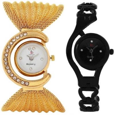 Freny Exim Golden Bracelet Strap With Diamond Studded Dial With Full Black Bracelet Chain Strap Fancy And Trendy Watch  - For Girls   Watches  (Freny Exim)