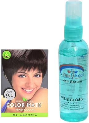

COLOR MATE Hair Color 9.1 Natural Black Sachet, Pink Root Hair Serum(Set of 7)