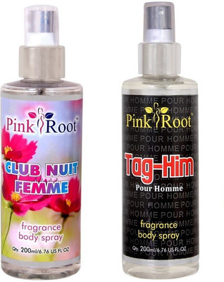 

Pink Root Club Nuit Femme Fragrance body Spray 200ml and Tag-Him Pour Homme Fragrance body Spray 200ml(Set of 2)