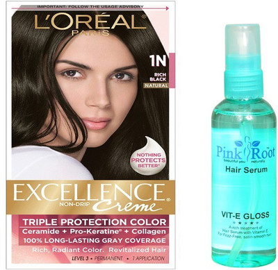 

L'Oreal Natural Rich Black No. 1N 170gm and Pink Root Hair Serum 100ml(Set of 2)