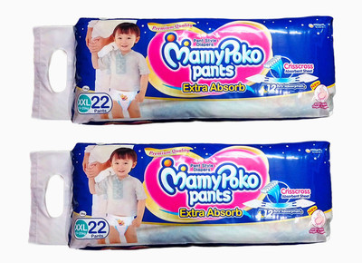 

MamyPoko EXTRA ABSORB PANT STYLE BABY DIAPERS, SIZE XXL, SET OF 2 PACKS, FOR BABY WEIGHT 15-25 Kgs. - XXL(44 Pieces)