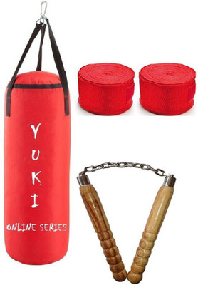 

YUKI Online Series 4.5 Feet Long, PU Material, Red Color, Unfilled with Hanging Straps with 9 Feet Long Red Color Hand Wraps Pair & Wooden Handle Non Chaku Boxing Kit