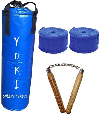 

YUKI Online Series 4.0 Feet Long, Synthetic Leather Material, Blue Color, Unfilled with Hanging Straps with 9 Feet Long Blue Color Hand Wraps Pair & Wooden Handle Non Chaku Boxing Kit
