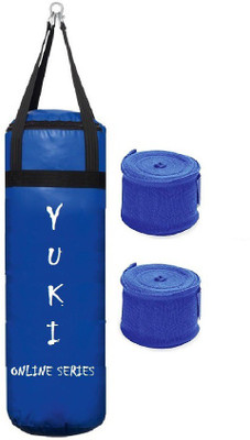 

YUKI Online Series 4.0 Feet Long, PU Material, Blue Color, Unfilled with Hanging Straps with 9 Feet Long Blue Color Hand Wraps Pair Boxing Kit