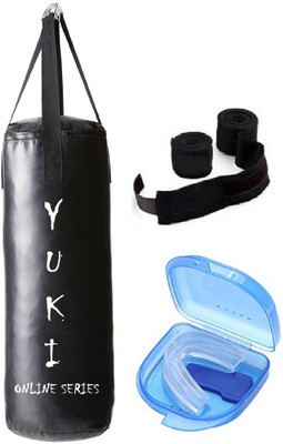 

YUKI Online Series 1.5 Feet Long, PU Material, Black Color, Unfilled with Hanging Straps, 9 Feet Long Black Color Hand Wraps Pair & Mouth Guard Boxing Kit