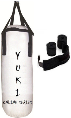 

YUKI Online Series 3.0 Feet Long, CANVAS Material, White Color, Unfilled with Hanging Straps with 9 Feet Long Black Color Hand Wraps Pair Boxing Kit