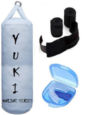 

YUKI Online Series 2.0 Feet Long, PU Material, White Color, Unfilled with Hanging Straps, 9 Feet Long Black Color Hand Wraps Pair & Mouth Guard Boxing Kit