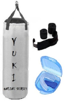 

YUKI Online Series 4.5 Feet Long, Synthetic Leather Material, White Color, Unfilled with Hanging Straps, 9 Feet Long Black Color Hand Wraps Pair & Mouth Guard Boxing Kit