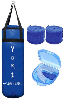 

YUKI Online Series 3.5 Feet Long, PU Material, Blue Color, Unfilled with Hanging Straps, 9 Feet Long Blue Color Hand Wraps Pair & Mouth Guard Boxing Kit