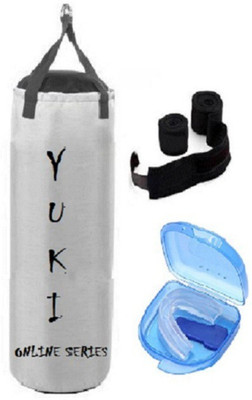 

YUKI Online Series 3.0 Feet Long, Synthetic Leather Material, White Color, Unfilled with Hanging Straps, 9 Feet Long Black Color Hand Wraps Pair & Mouth Guard Boxing Kit