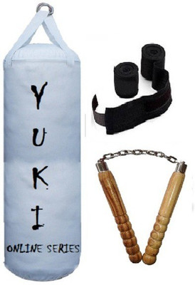 

YUKI Online Series 2.5 Feet Long, PU Material, White Color, Unfilled with Hanging Straps with 9 Feet Long Black Color Hand Wraps Pair & Wooden Handle Non Chaku Boxing Kit