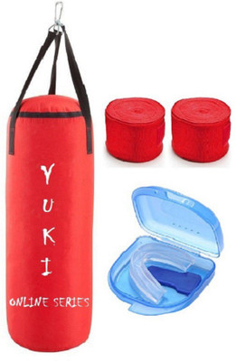 

YUKI Online Series 3.5 Feet Long, PU Material, Red Color, Unfilled with Hanging Straps, 9 Feet Long Red Color Hand Wraps Pair & Mouth Guard Boxing Kit