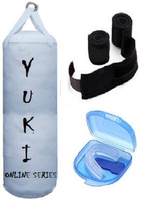 

YUKI Online Series 3.0 Feet Long, PU Material, White Color, Unfilled with Hanging Straps, 9 Feet Long Black Color Hand Wraps Pair & Mouth Guard Boxing Kit