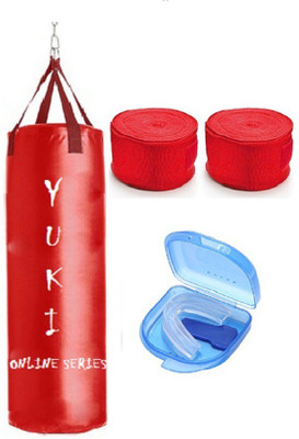 

YUKI Online Series 2.0 Feet Long, Synthetic Leather Material, Red Color, Unfilled with Hanging Straps, 9 Feet Long Red Color Hand Wraps Pair & Mouth Guard Boxing Kit