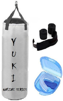 

YUKI Online Series 1.5 Feet Long, Synthetic Leather Material, White Color, Unfilled with Hanging Straps, 9 Feet Long Black Color Hand Wraps Pair & Mouth Guard Boxing Kit