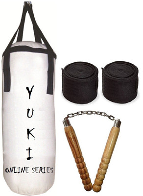 

YUKI Online Series 2.5 Feet Long, CANVAS Material, White Color, Unfilled with Hanging Straps with 9 Feet Long Black Color Hand Wraps Pair & Wooden Handle Non Chaku Boxing Kit