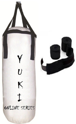 

YUKI Online Series 2.5 Feet Long, CANVAS Material, White Color, Unfilled with Hanging Straps with 9 Feet Long Black Color Hand Wraps Pair Boxing Kit