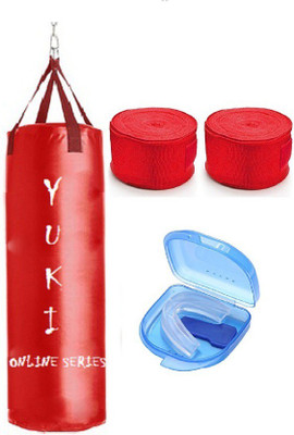 

YUKI Online Series 1.5 Feet Long, Synthetic Leather Material, Red Color, Unfilled with Hanging Straps, 9 Feet Long Red Color Hand Wraps Pair & Mouth Guard Boxing Kit