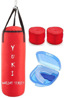 

YUKI Online Series 2.0 Feet Long, PU Material, Red Color, Unfilled with Hanging Straps, 9 Feet Long Red Color Hand Wraps Pair & Mouth Guard Boxing Kit