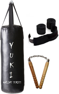 

YUKI Online Series 2.0 Feet Long, PU Material, Black Color, Unfilled with Hanging Straps with 9 Feet Long Black Color Hand Wraps Pair & Wooden Handle Non Chaku Boxing Kit