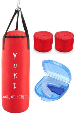 

YUKI Online Series 2.5 Feet Long, PU Material, Red Color, Unfilled with Hanging Straps, 9 Feet Long Red Color Hand Wraps Pair & Mouth Guard Boxing Kit