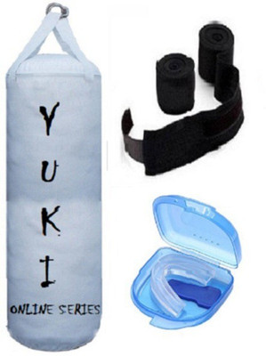 

YUKI Online Series 5.0 Feet Long, PU Material, White Color, Unfilled with Hanging Straps, 9 Feet Long Black Color Hand Wraps Pair & Mouth Guard Boxing Kit