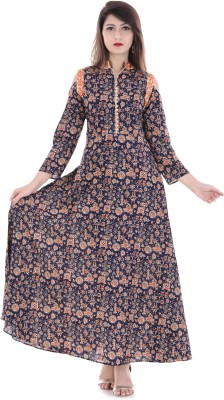 The Style Story Women Printed Gown Kurta(Dark Blue)