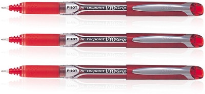 PILOT Hi-Tecpoint V10 Grip Roller Ball Pen(Pack of 3, Ink Color - Red)
