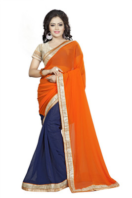 

Aai Shree Khodiyar Art Solid Bollywood Georgette Saree(Orange, Blue, Blue;orange