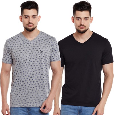 VIMAL JONNEY Geometric Print, Solid Men V Neck Black, Grey T-Shirt