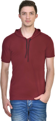 Inkovy Solid Men Hooded Maroon T-Shirt