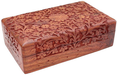 

WoodCart H@ndmade Wooden Carved Jewellery Box for Women Jewel Organizer Flower Full Kashmiri Carving Special - 8 Inch Makeup, Jewellery & other Utility Vanity Box(Brown)