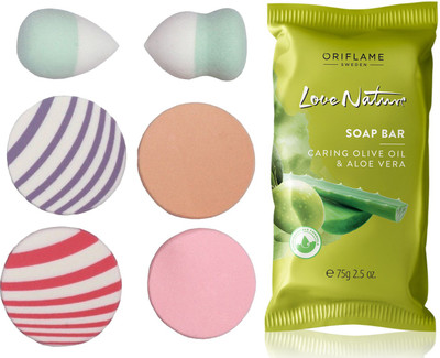 

Oriflame Sweden Love Nature Soap Bar with Moisturising Olive Oil & Aloe Vera 75g (32609) With Puff Sponge(Set of 7)
